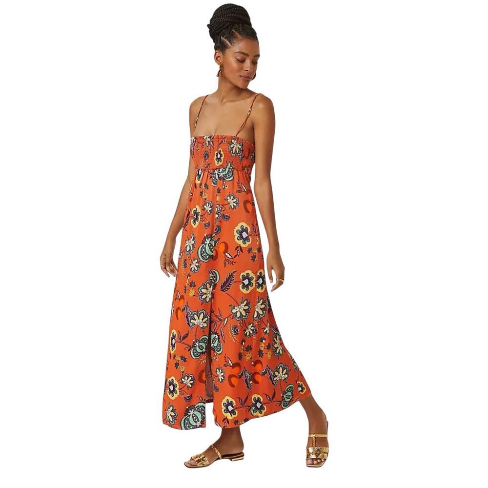 Maeve by Anthropologie Smocked Floral Cross Back Maxi Dress 1X Orange Adjustable